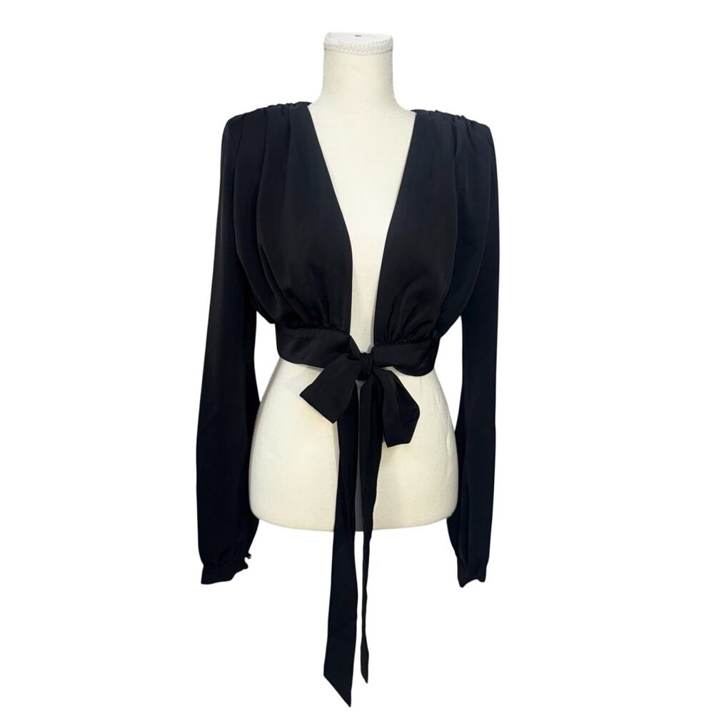 NBD Imogen Top Black Satin Cropped Wrap Deep V Tie Blouson Sleeve Padded S Twee - Picture 3 of 16